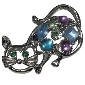 Figural Cat Brooch Multi Colored Rhinestones Silver Tone Vtg Costume Jewelry